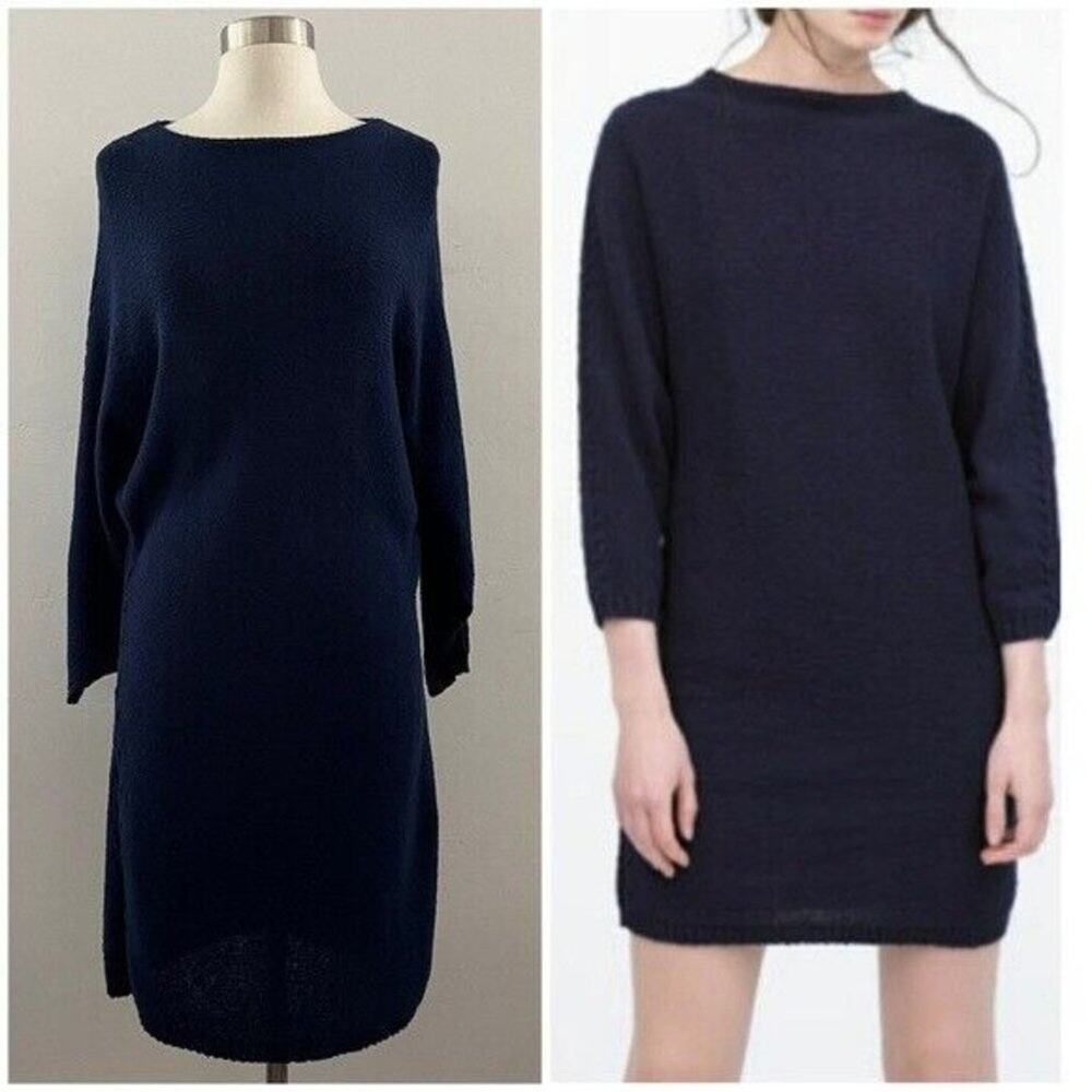 Zara Knit Sweater Dress Small Navy Midi Cotton Minimalist Lagenlook Monochrome
